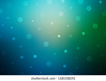 Dark Blue, Green vector background with xmas snowflakes. Shining colored illustration with snow in christmas style. The pattern can be used for new year ad, booklets.