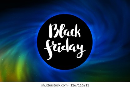 Dark Blue, Green vector background with a black hole, sky. Colorful black hole with shining night sky stars. Backdrop for super sales on Black Friday.
