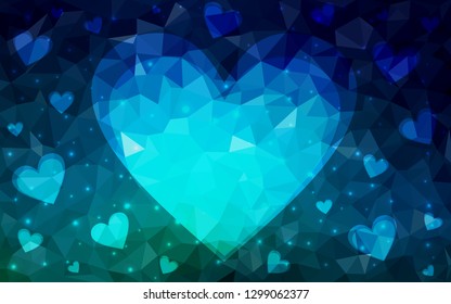 Dark Blue, Green vector  background with Shining hearts. Hearts on blurred abstract background with colorful gradient. Pattern for valentine's ad, booklets.