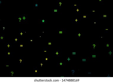 Dark Blue, Green vector background with math elements. Colored mathematic signs with gradient on white background. Pattern for school, grammar websites.