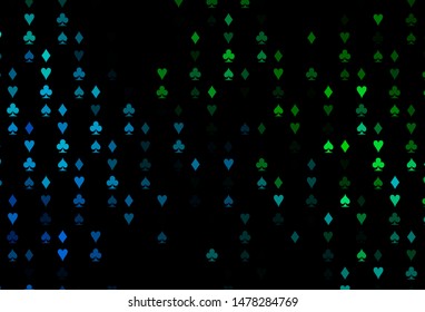 Dark Blue, Green vector background with cards signs. Colorful gradient with signs of hearts, spades, clubs, diamonds. Design for ad, poster, banner of gambling websites.