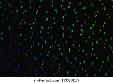 Dark Blue, Green vector background with signs of currency. Abstract illustration with colored financial digital symbols. Pattern for trader ads, booklets, leaflets.