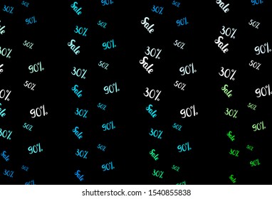 Dark Blue, Green vector background with symbols of 30, 50, 90 % sales. Abstract illustration with colorful gradient symbols of sales. Backdrop for mega promotions, discounts.