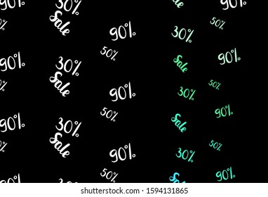 Dark Blue, Green vector background with 30, 50, 90 % signs of sales. Colored words of sales with gradient on white background. Backdrop for mega promotions, discounts.