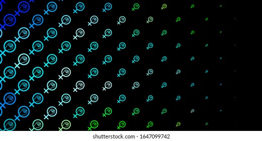Azul oscuro, fondo vectorial verde con símbolos femeninos. Ilustración colorida con formas de feminismo degradado. Antecedentes del Día Internacional de la Mujer.