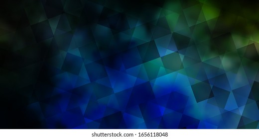 Azul oscuro, fondo vectorial verde con triángulos, cubos. Ilustración abstracta con líneas coloridas, cubos. Plantilla para páginas de destino.