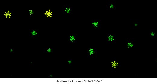 Dark blue, green vector background with covid-19 symbols. Abstract illustration with biological gradient shapes. Best design for quarantine events.