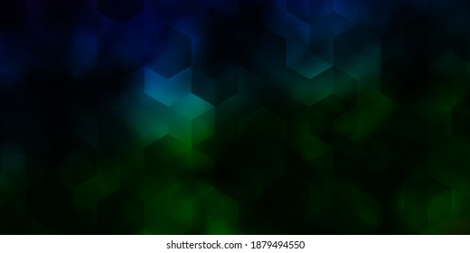 Azul oscuro, fondo vectorial verde con conjunto de hexágonos. Ilustración de hexágonos coloreados en la superficie borrosa. Diseño para su anuncio comercial.