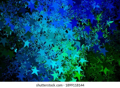 Azul oscuro, fondo vectorial verde con hermosos copos de nieve, estrellas. Copos de nieve coloridos con copos de nieve gradientes. Parte básica de los folletos de Año Nuevo.