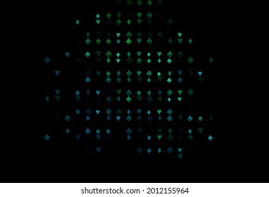 Dark Blue, Green vector background with cards signs. Illustration with set of hearts, spades, clubs, diamonds. Template for business cards of casinos.