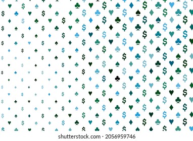 Dark blue, green vector background with cards signs. Colored illustration with hearts, spades, clubs, diamonds. Pattern for ads of parties, events in Vegas.