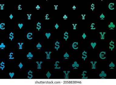 Dunkelblau, grüner Vektorhintergrund mit Kartenzeichen. Leuchtende Illustration mit Herzen, Pik, Clubs, Diamanten. Muster für Broschüren, Broschüren von Spielhäusern.