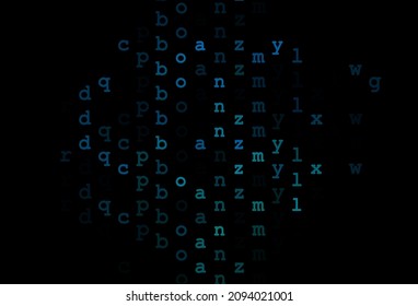Dunkelblau, grüner Vektorhintergrund mit Zeichen des Alphabets. Abstrakte Illustration mit farbigem lateinischen Alphabet. Das Muster kann als Werbung, Poster, Banner für Bücher verwendet werden.