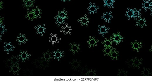 Dark blue, green vector background with covid-19 symbols. Abstract illustration with biological gradient shapes. Simple design against epidemic information.