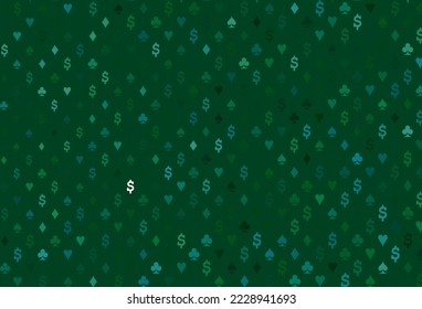 Dark blue, green vector background with cards signs. Shining illustration with hearts, spades, clubs, diamonds. Template for business cards of casinos.