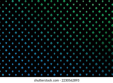 Dark blue, green vector background with cards signs. Blurred decorative design of hearts, spades, clubs, diamonds. Design for ad, poster, banner of gambling websites.