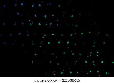Azul oscuro, fondo vectorial verde con triángulos, círculos, cubos. Ilustración de gradiente abstracto con círculos, triángulos, cubos. Mejor diseño para tu anuncio, afiche, banner.