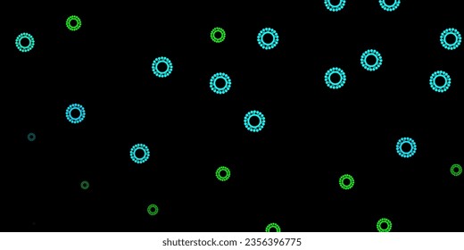 Dark blue, green vector background with covid-19 symbols. Simple design in abstract style with infection forms. Best design for quarantine events.