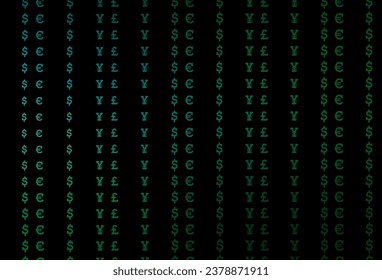 azul oscuro, fondo vectorial verde con EUR, USD, GBP, JPY. Ilustración con dólares, USD, usa signos de plantilla blanca. Diseño inteligente para tu anuncio comercial de riqueza económica.