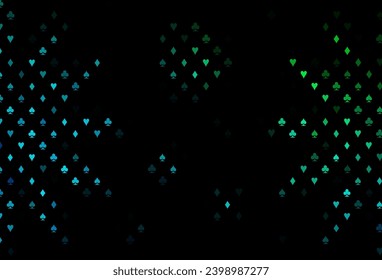 Dark blue, green vector background with cards signs. Glitter abstract sketch with isolated symbols of playing cards. Smart design for your business advert of casinos.