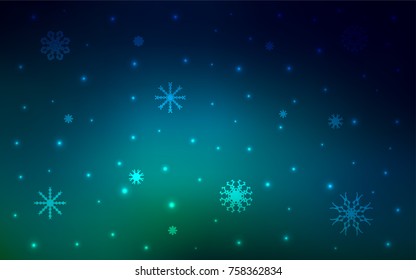 Dark Blue, Green vector background with xmas snowflakes. Shining colored illustration with snow in christmas style. The pattern can be used for year new  websites.