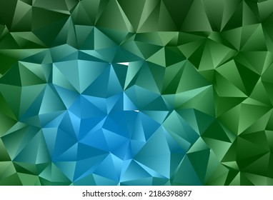 Azul oscuro, triángulo de visión verde borrosa. Muestra con formas poligonales. Diseño poligonal para su sitio web.