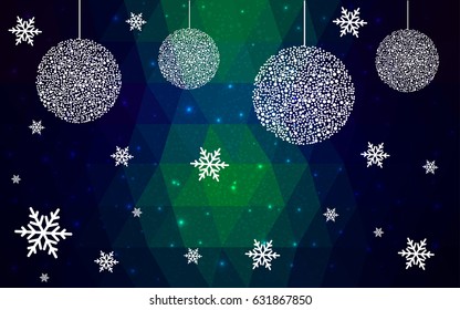 Dark Blue Green vector christmas polygon background. Low poly Illustration consisting of triangles with snowflakes. Texture, seamless background of New Year celebration.