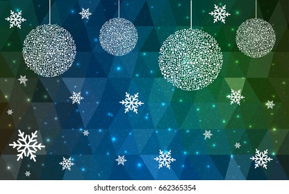 Dark Blue Green vector christmas polygon background. Low poly Illustration consisting of triangles with snowflakes. Texture, seamless background of New Year celebration.