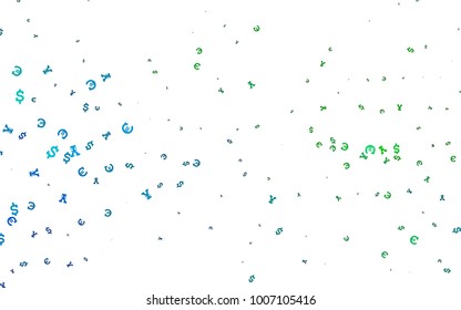 Dark Blue, Green vector cover with Euro, Dollar, Yen signs. Shining colored illustration with EUR, USD, JPY signs. Template for ads of markets, loans.