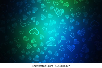 Dark Blue, Green vector cover with Shining hearts. Decorative shining illustration with hearts on abstract template. Design for ad, poster, banner of Valentine Day.
