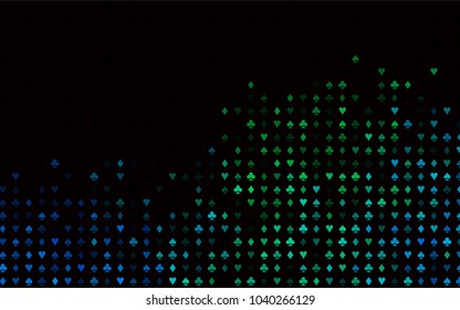 Dark Blue, Green vector cover with symbols of gamble. Colorful gradient with signs of hearts, spades, clubs, diamonds. Pattern for ads of parties, events in Vegas.