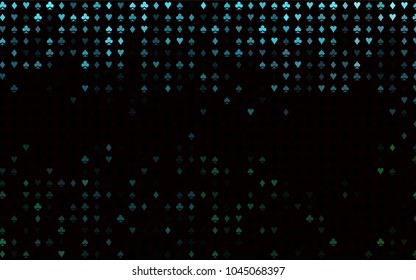 Dark Blue, Green vector cover with symbols of gamble. Colorful gradient with signs of hearts, spades, clubs, diamonds. Design for ad, poster, banner of gambling websites.