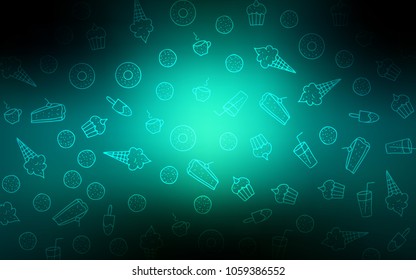 Dark Blue, Green vector cover with set of confections. Beautiful colored illustration with candies in doodle style. Design for ad, poster, banner of cafes or restaurants.