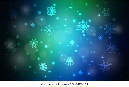 Dark Blue, Green vector cover with beautiful snowflakes. Snow on blurred abstract background with gradient. New year design for your business advert.