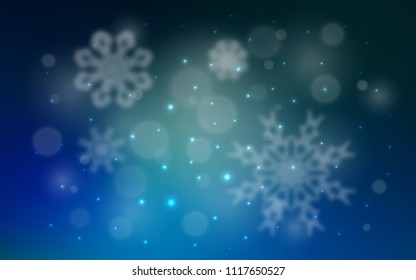 Dark Blue, Green vector cover with beautiful snowflakes. Snow on blurred abstract background with gradient. The pattern can be used for new year ad, booklets.