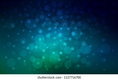 Dark Blue, Green vector cover with beautiful snowflakes. Shining colored illustration with snow in christmas style. The pattern can be used for new year leaflets.