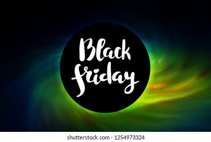 Dark Blue, Green vector cover with a black hole, nebula. Decorative design in space style with a black hole. Template for Black Friday sales.