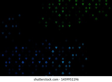 Dark Blue, Green vector cover with symbols of gamble. Illustration with set of hearts, spades, clubs, diamonds. Template for business cards of casinos.