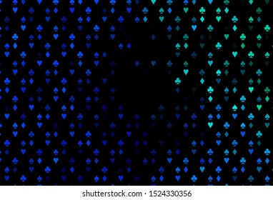 Dark Blue, Green vector cover with symbols of gamble. Colorful gradient with signs of hearts, spades, clubs, diamonds. Design for ad, poster, banner of gambling websites.