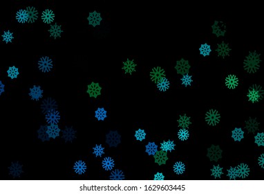 Dark Blue, Green vector cover with beautiful snowflakes. Shining colored illustration with snow in christmas style. The pattern can be used for new year leaflets.