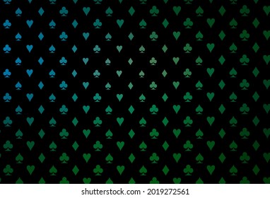 Tapa vectorial verde, azul oscuro, con símbolos de juego. Ilustración de color con corazones, espadas, palos, diamantes. Patrón de folletos de juegos de póquer, eventos.