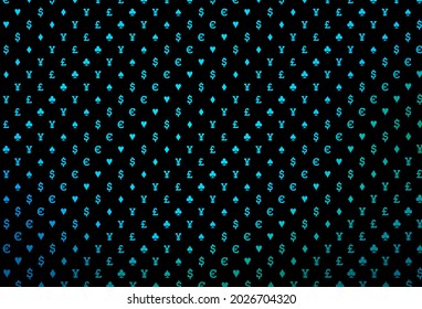Dark blue, green vector cover with symbols of gamble. Colored illustration with hearts, spades, clubs, diamonds. Design for ad, poster, banner of gambling websites.