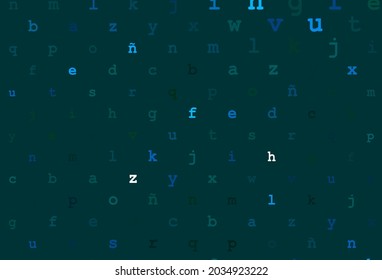 Dark blue, green vector cover with english symbols. Blurred design in simple style with signs of alphabet. Smart design for your business advert of university.