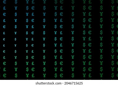 Azul oscuro, cubierta vectorial verde con EUR, USD, GBP, JPY. Diseño desenfocado con símbolos de dólar, USD, ee.uu. El patrón se puede usar para anuncios, folletos, folletos de bancos.