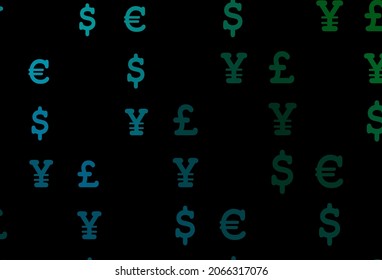 Dark blue, green vector cover with EUR, USD, GBP, JPY. Modern abstract illustration with symbols of money. The pattern can be used for financial, investment websites.