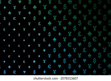 Dark blue, green vector cover with symbols of gamble. Glitter abstract sketch with isolated symbols of playing cards. Template for business cards of casinos.