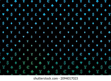 Tapa vectorial verde, azul oscuro, con símbolos de juego. Ilustración de color con corazones, espadas, palos, diamantes. Diseño de anuncios, afiches, banner de sitios web de apuestas.
