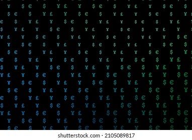 Azul oscuro, cubierta vectorial verde con EUR, USD, GBP, JPY. Ilustración con dólares, USD, usa signos de plantilla blanca. Diseño inteligente para tu anuncio comercial de riqueza económica.