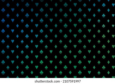 Dark blue, green vector cover with symbols of gamble. Colored illustration with hearts, spades, clubs, diamonds. Design for ad, poster, banner of gambling websites.