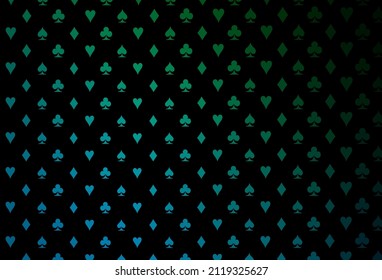 Dark blue, green vector cover with symbols of gamble. Colorful gradient with signs of hearts, spades, clubs, diamonds. Pattern for booklets, leaflets of gambling houses.